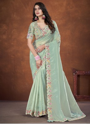 Savory Sequins Sea Green Banarasi Silk Contemporary Saree