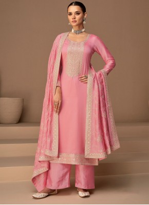 Scintillating Embroidered Pink Silk Straight Salwar Kameez