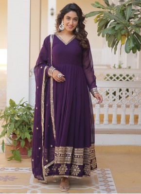 Scintillating Faux Georgette Purple Embroidered Designer Gown