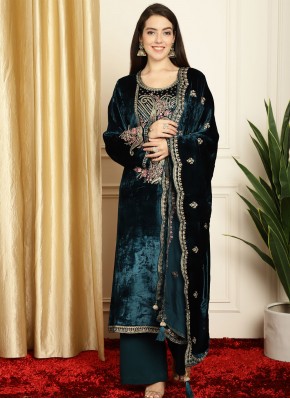 Scintillating Navy Blue Embroidered Velvet Trendy Salwar Suit