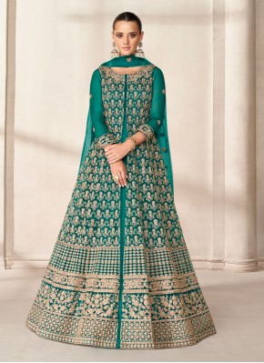 Scintillating Net Turquoise Embroidered Designer Floor Length Suit