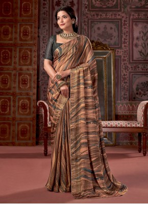 Scintillating Print Brown Fancy Fabric Trendy Saree