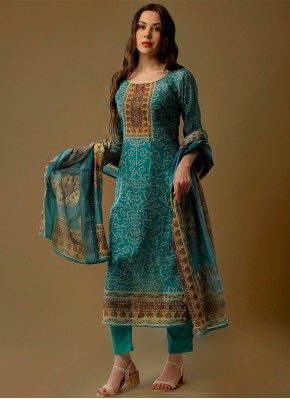 Sea Green Floral Print Silk Pant Style Suit