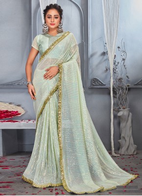 Sea Green Net Embroidered Contemporary Style Saree