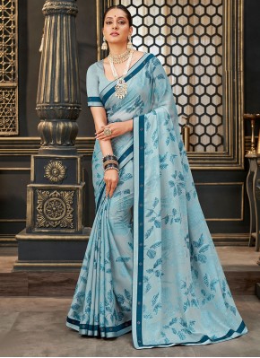 Sensational Blue Printed Fancy Fabric Trendy Saree