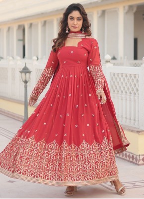 Sequins Faux Georgette Designer Gown in Red
