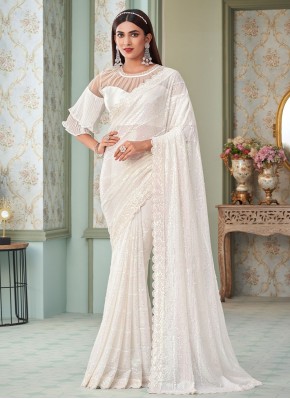 Sequins Georgette Contemporary Style Saree in White