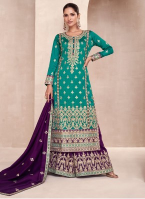 Sequins Silk Trendy Salwar Kameez in Aqua Blue