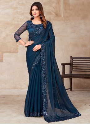 Sequins Silk Trendy Saree in Navy Blue