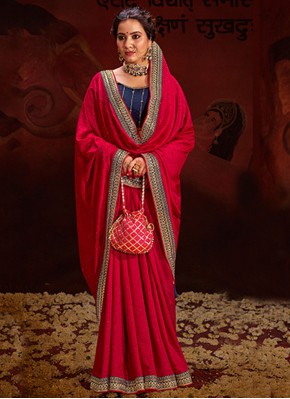 Sequins Vichitra Silk Classic Saree in Rani