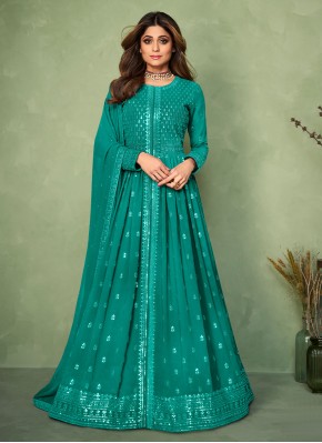 Shamita Shetty Pure Georgette Turquoise Embroidered Readymade Salwar Suit