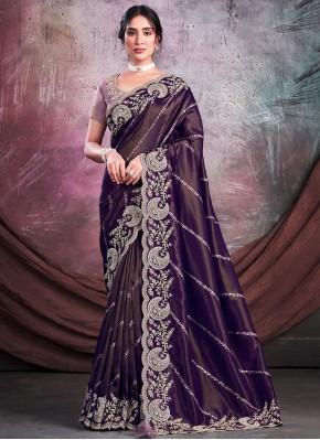 Shimmer Purple Embroidered Trendy Saree