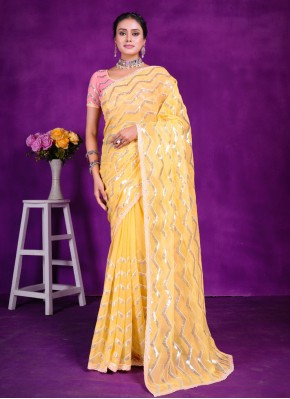 Shimmer Yellow Embroidered Trendy Saree