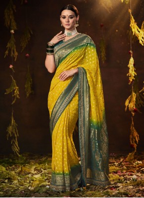 Sightly Bandhej Silk Yellow Contemporary Style Saree