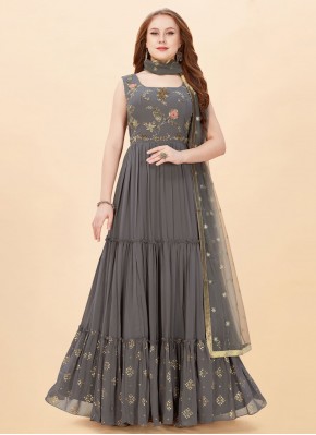 Sightly Embroidered Faux Georgette Grey Designer Gown