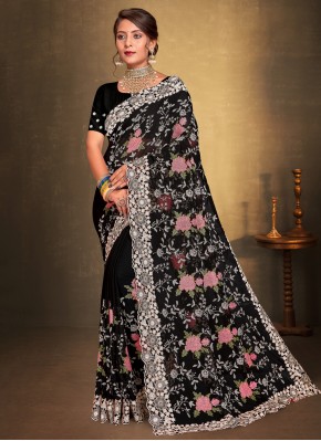 Sightly Embroidered Georgette Black Classic Saree