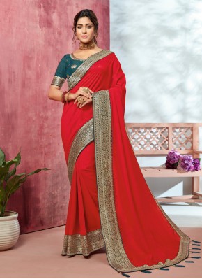 Sightly Patch Border Fancy Fabric Red Designer Saree