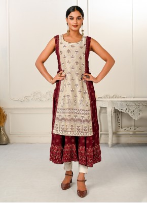 Sightly Printed Cotton Maroon Party Wear Kurti