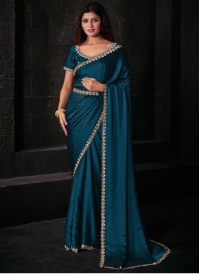 Sightly Teal Zircon Georgette Satin Classic Saree