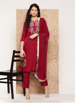 Silk Blend Embroidered Maroon Pant Style Suit