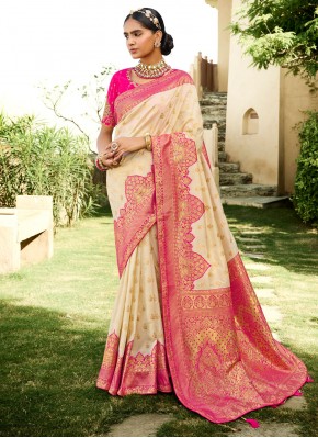 Silk Cream and Pink Embroidered Designer Traditional Saree