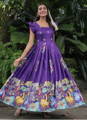Silk Digital Print Purple Gown