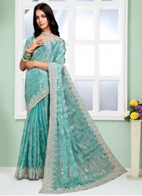 Silk Embroidered Turquoise Classic Saree