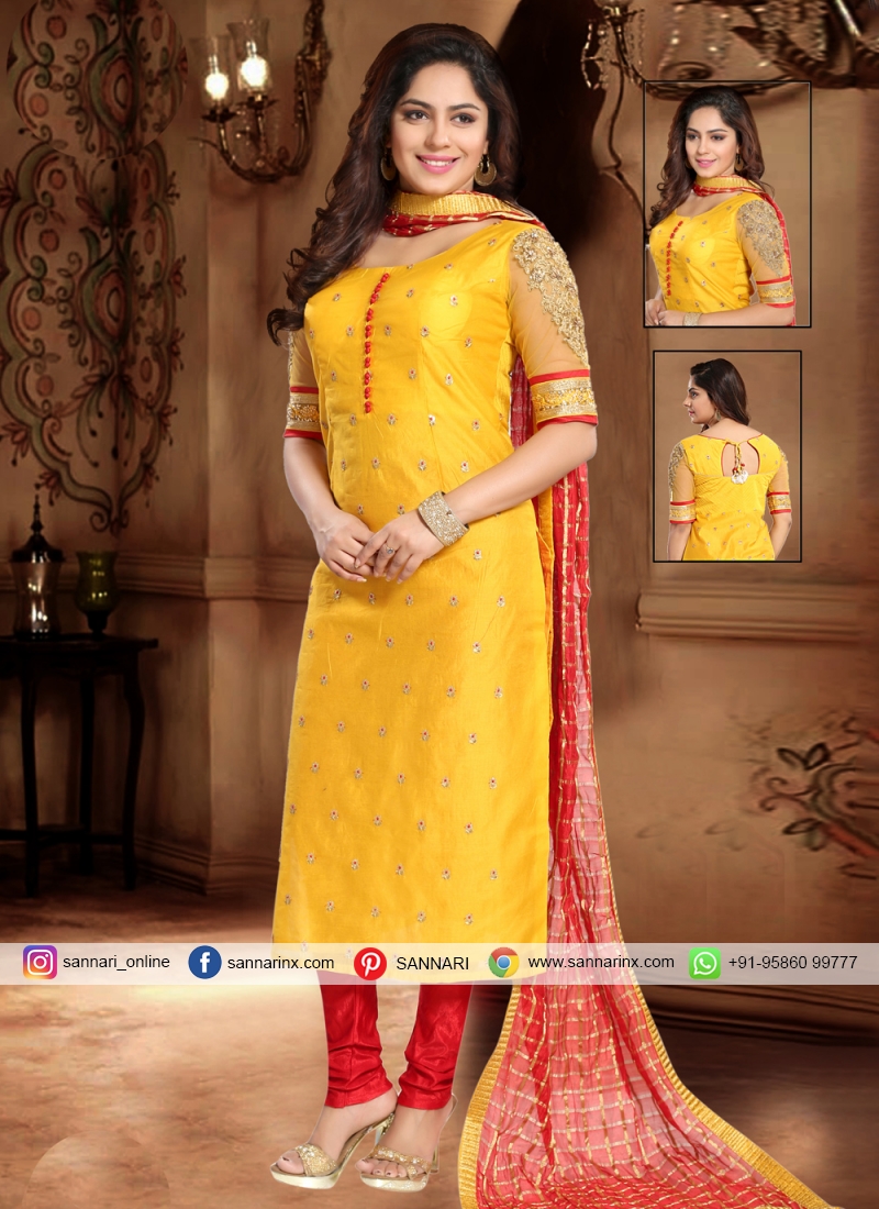 Silk Lace Trendy Salwar Suit in Yellow