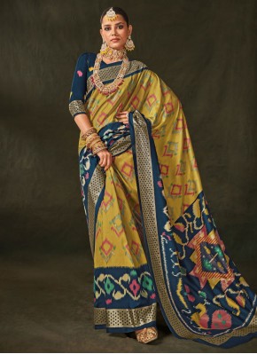 Silk Mustard and Navy Blue Foil Print Contemporary Style Saree