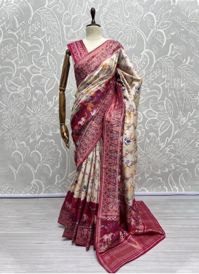 Silk Weaving Cream and Rani Designer Saree