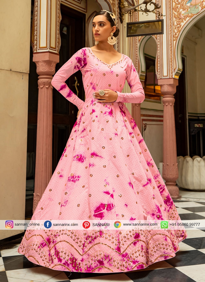 Snazzy Print Pink Cotton Floor Length Trendy Gown