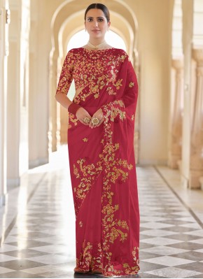 Sophisticated Sequins Organza Red Classic Designer Saree