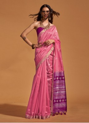 Sophisticated Weaving Pink Handloom silk Contemporary Saree