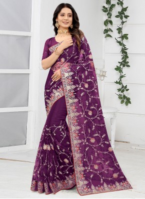 Sparkling Embroidered Purple Net Traditional Saree