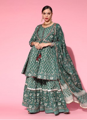Specialised Printed Blended Cotton Green Readymade Salwar Kameez