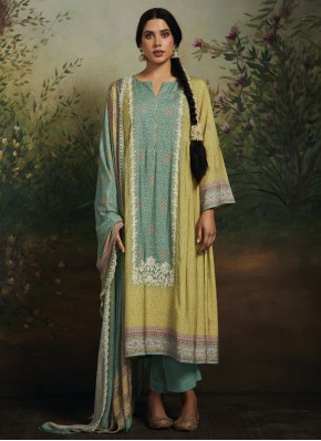 Spectacular Digital Print Yellow Maslin Silk Pakistani Suit