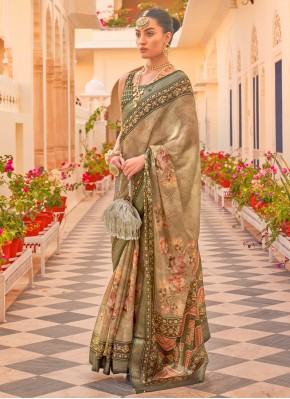 Spectacular Green Printed Silk Saree