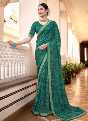 Splendid Chiffon Printed Green Designer Saree