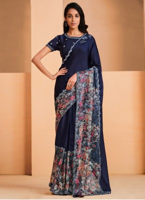 Splendid Navy Blue Embroidered Satin Trendy Saree