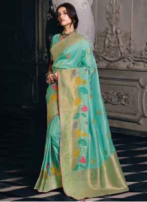 Staggering Weaving Tissue Turquoise Saree