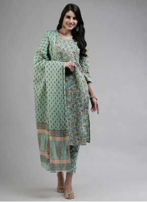 Staring Sea Green Printed Cotton Readymade Salwar Suit