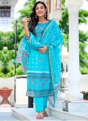 Straight Salwar Suit Printed Chanderi in Aqua Blue