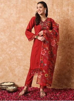 Striking Embroidered Viscose Red Pant Style Suit
