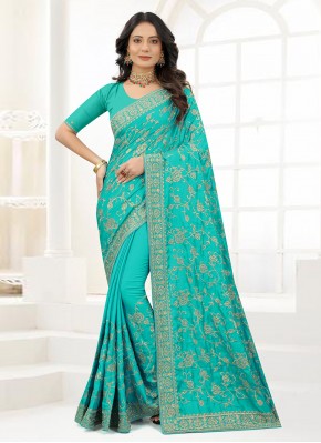 Striking Turquoise Satin Silk Traditional Designer Saree