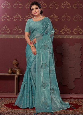 Stunning Embroidered Blue Silk Blend Contemporary Saree
