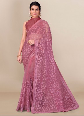 Stunning Pink Embroidered Net Designer Saree