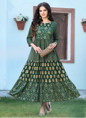 Stunning Rayon Printed Green Trendy Gown
