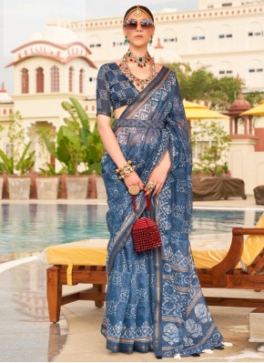 Stupendous Blue Printed Linen Trendy Saree
