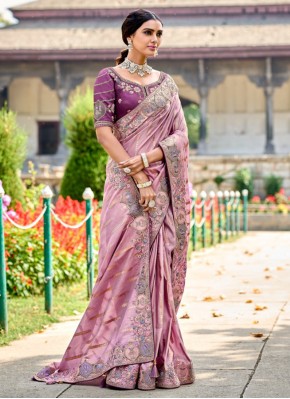 Stupendous Silk Pink Embroidered Contemporary Saree