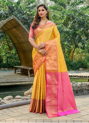 Stylish Banarasi Silk Yellow Weaving Trendy Saree